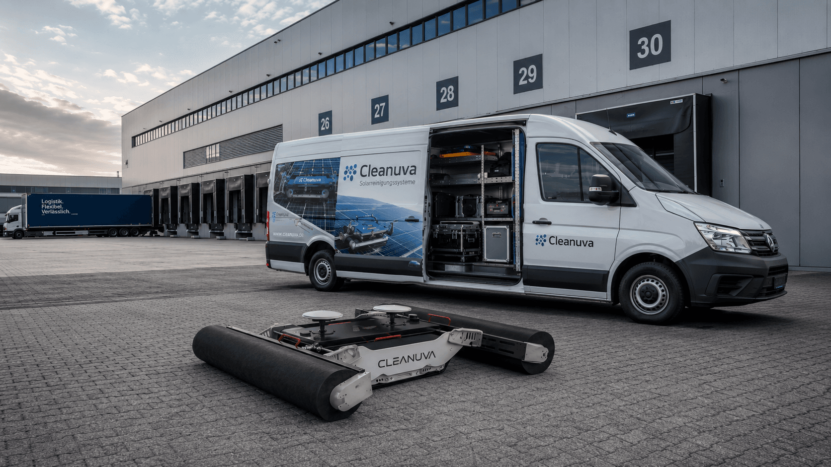 Cleanuva-branded service van and cleaning robot at a distribution hub
