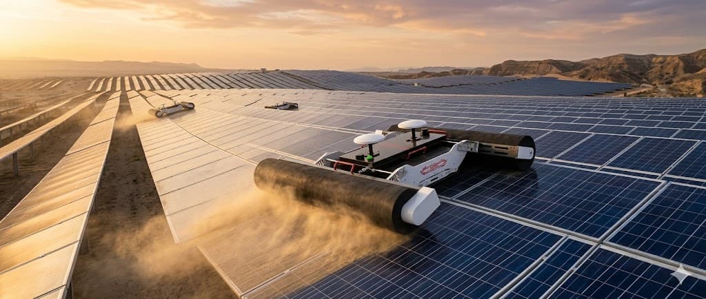 A NuvaTrack robot cleaning a solar array autonomously at golden hour